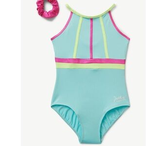 Girls Aqua and Pink High Neck Leotard with Scrunchie size 5/6